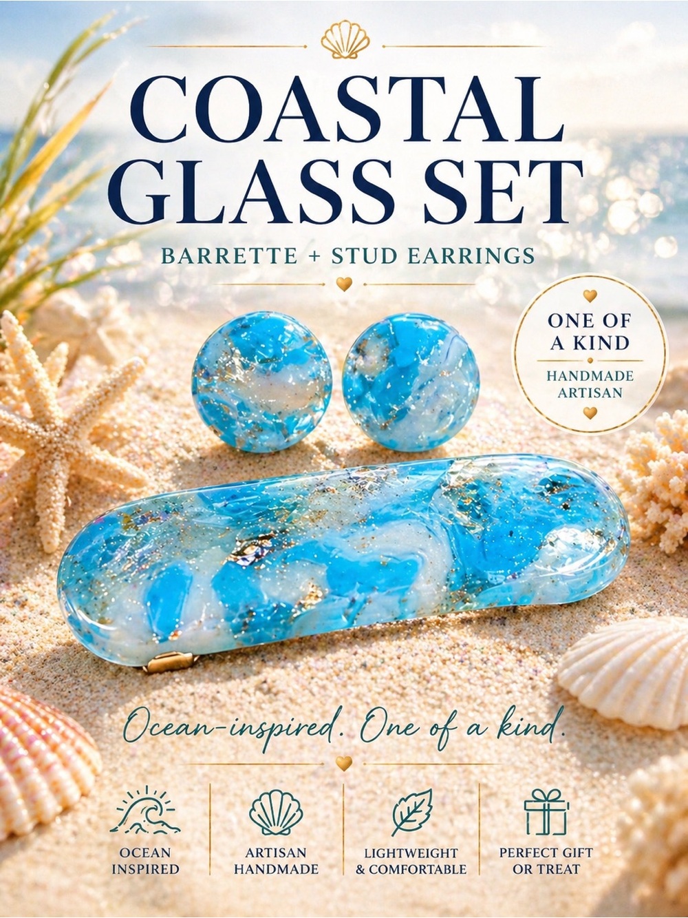 Hand-crafted Ocean Blue & White Glass Pierced "button” earrings NEW - Picture 3 of 8
